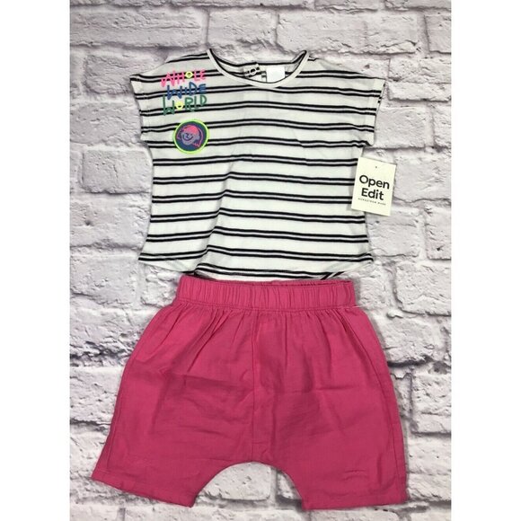 Open Edit Baby' Girl's 2Pc Shirt Short Set Ivory Cloud Black Stripe Size 9M NWT - Picture 1 of 3